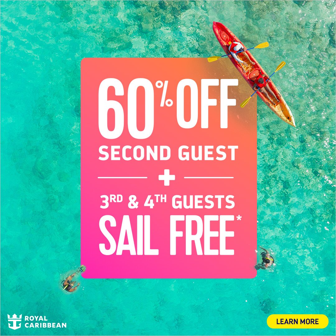 Royal Caribbean Squad Up September — 60% off the second guest plus 3rd and 4th guests sail free