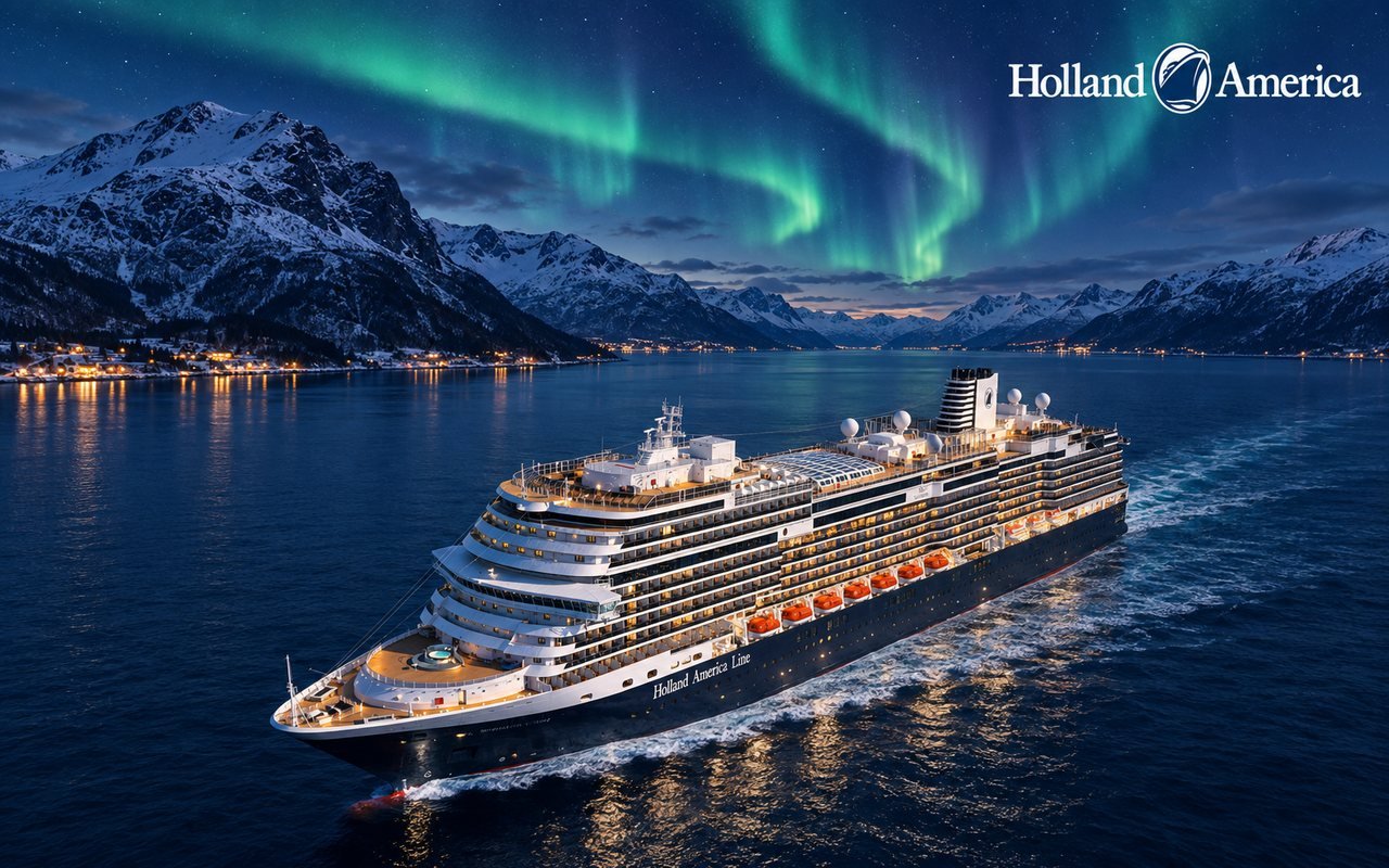Nieuw Statendam sailing through a Norwegian fjord under the northern lights