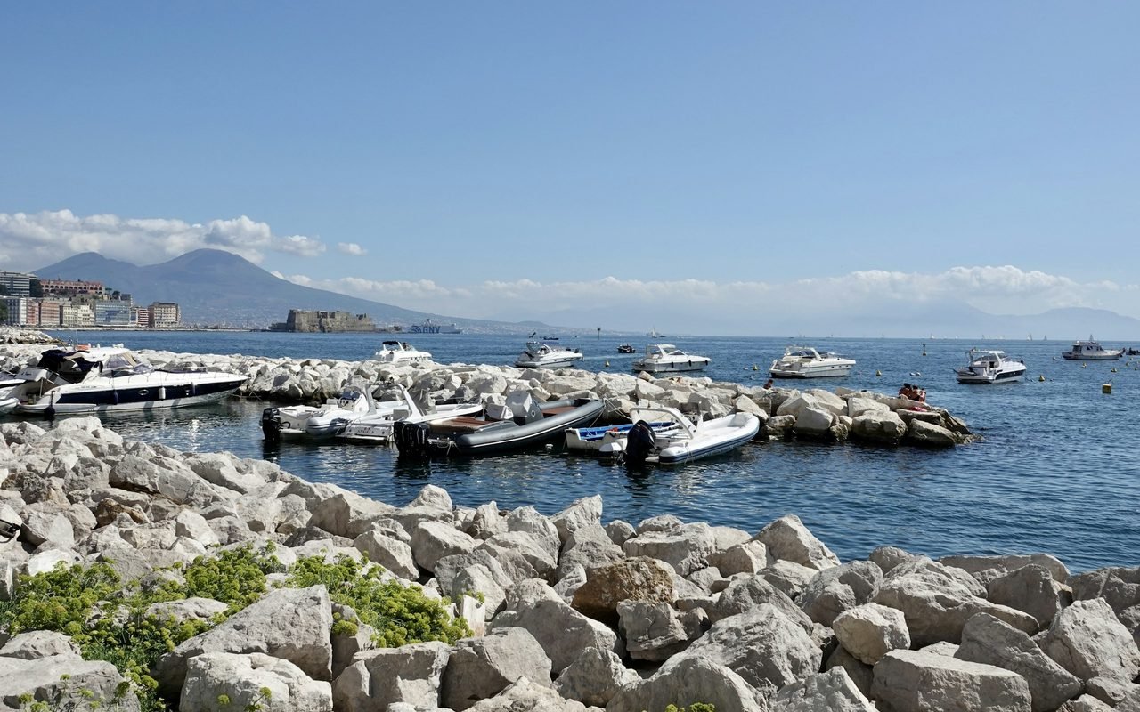 Castel dell'Ovo and Mount Vesuvius across the Bay of Naples